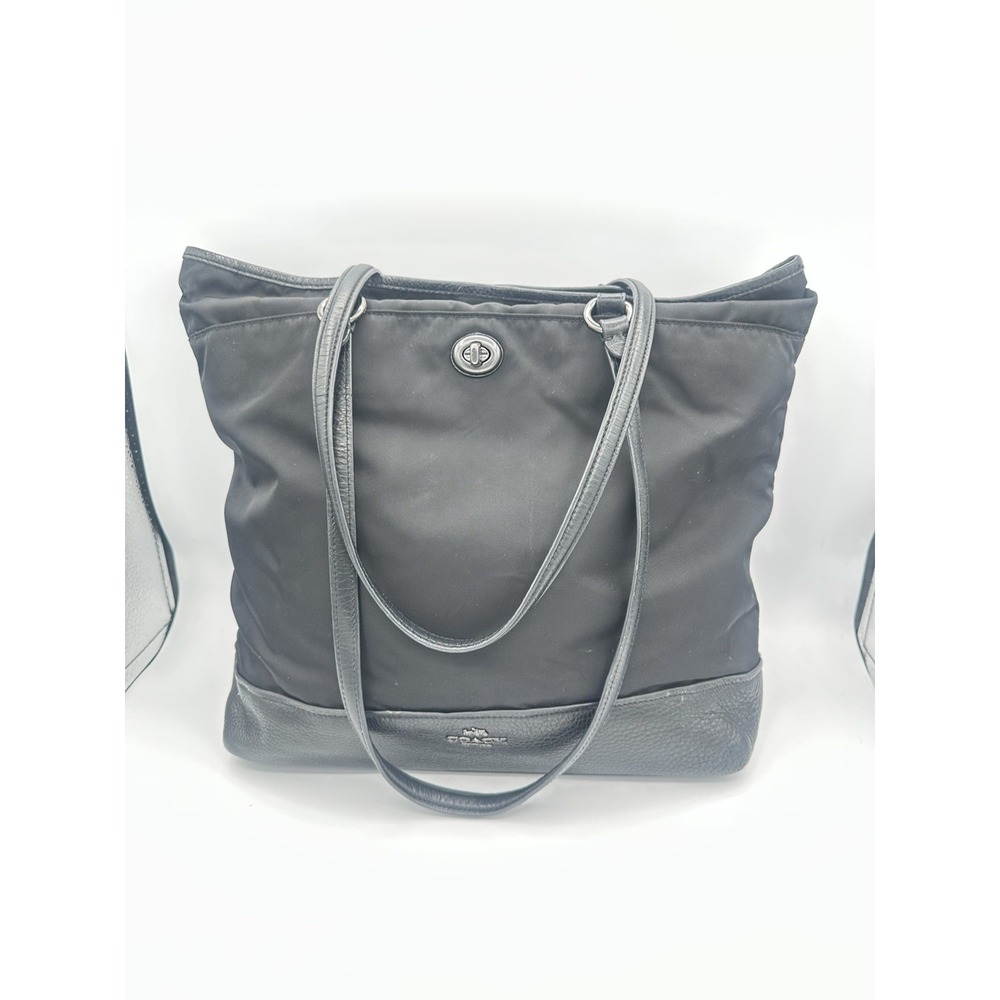 Coach Tote Shoulder Bag Black Nylon Leather Large Serial F57903